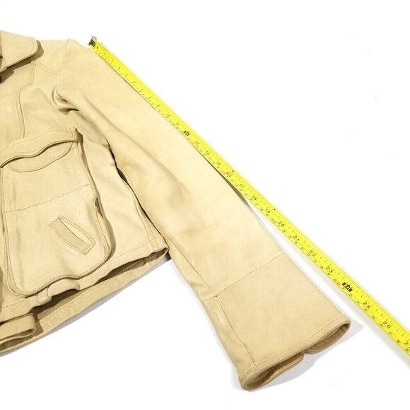 VINTAGE Vegetable Tan Genuine Leather Cargo Button Down Jacket Womens XS Minimal - Picture 5 of 9